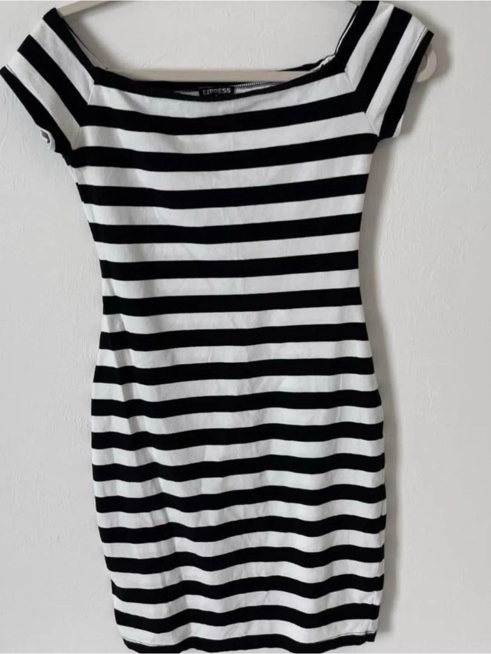 Express Black and White Horizontal Stripe Off-Shoulder Mini Dress